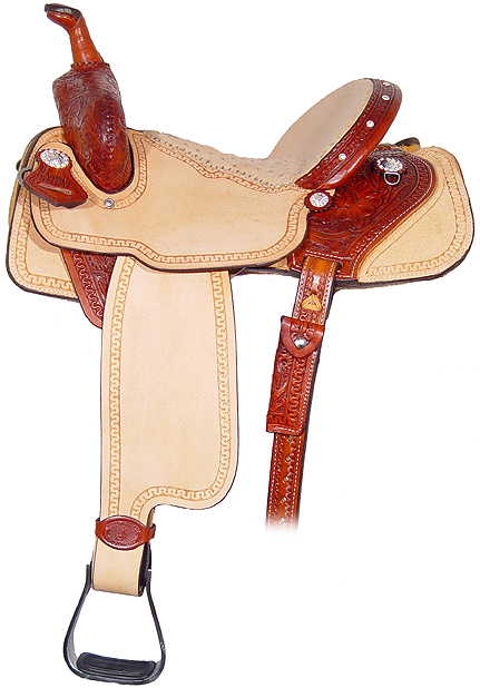 SLM211 1/4 tooled Oryx Ostrich seat Chestnut tooled leather I-Beam borders
