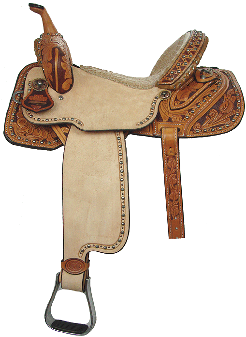 SLM219 Tan Gator seat Rust Dyed background Copper and Brassconchos